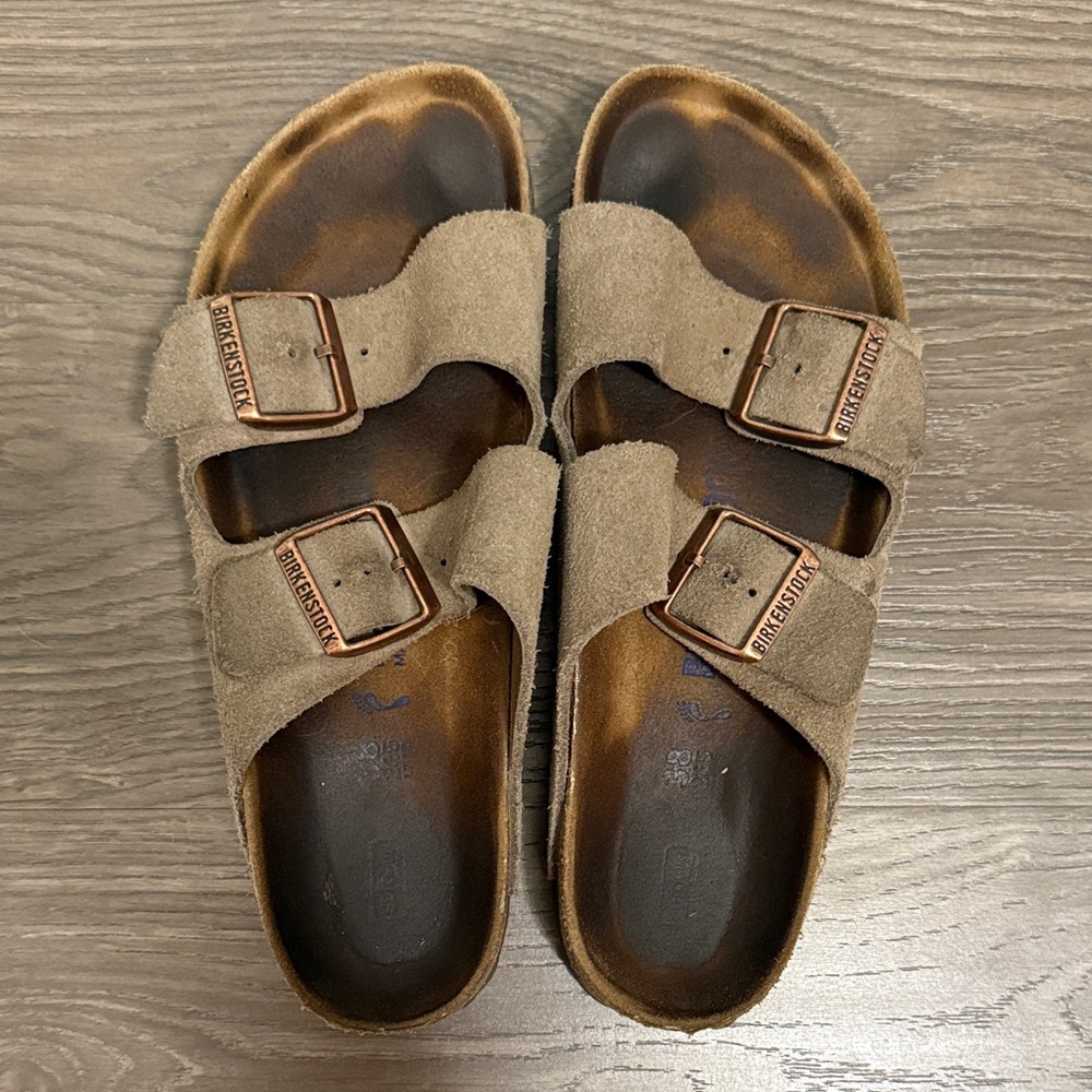 Birkenstock Women's Suede Two-Strap Sandals in Light Brown with Copper Buckles